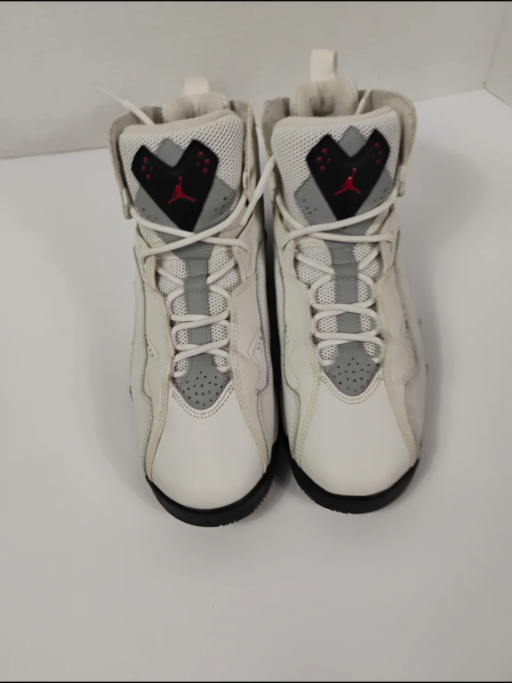 Jordan Kids High-Top Sneakers in White, Gray, Black with Red Logo
